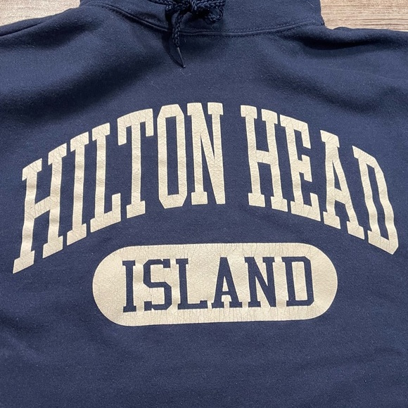 Vintage Hoodie Sweatshirt Navy Blue College Block Print Made In USA - Picture 3 of 5